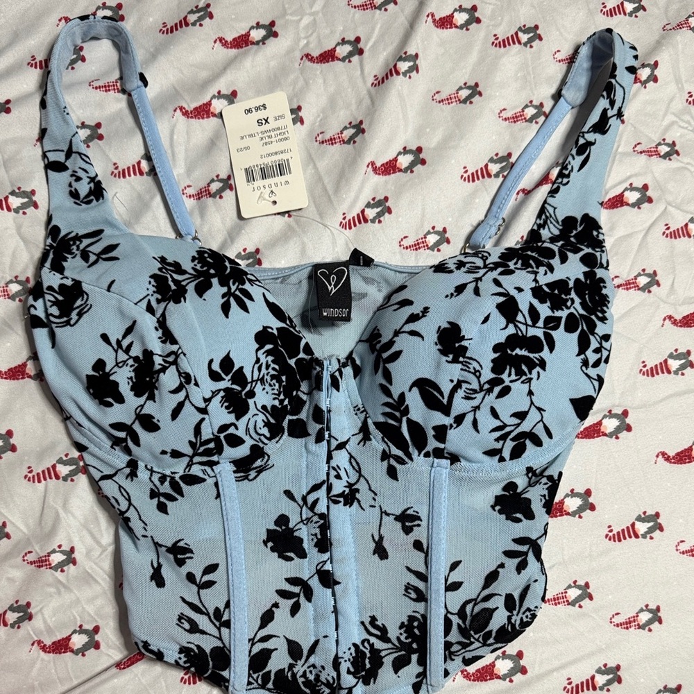 Windsor Light Blue and Black Floral Corset Top